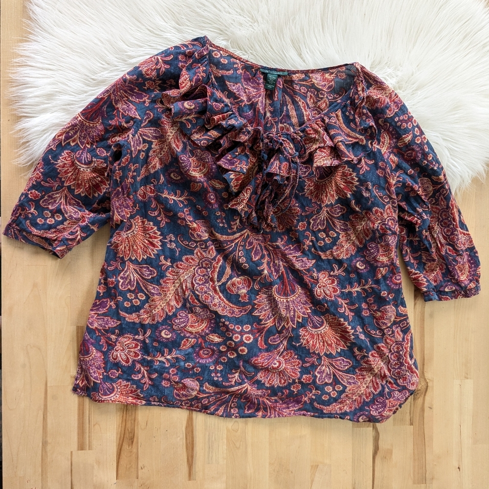 {Ralph Lauren} Navy and Pink Paisley Ruffle Blouse